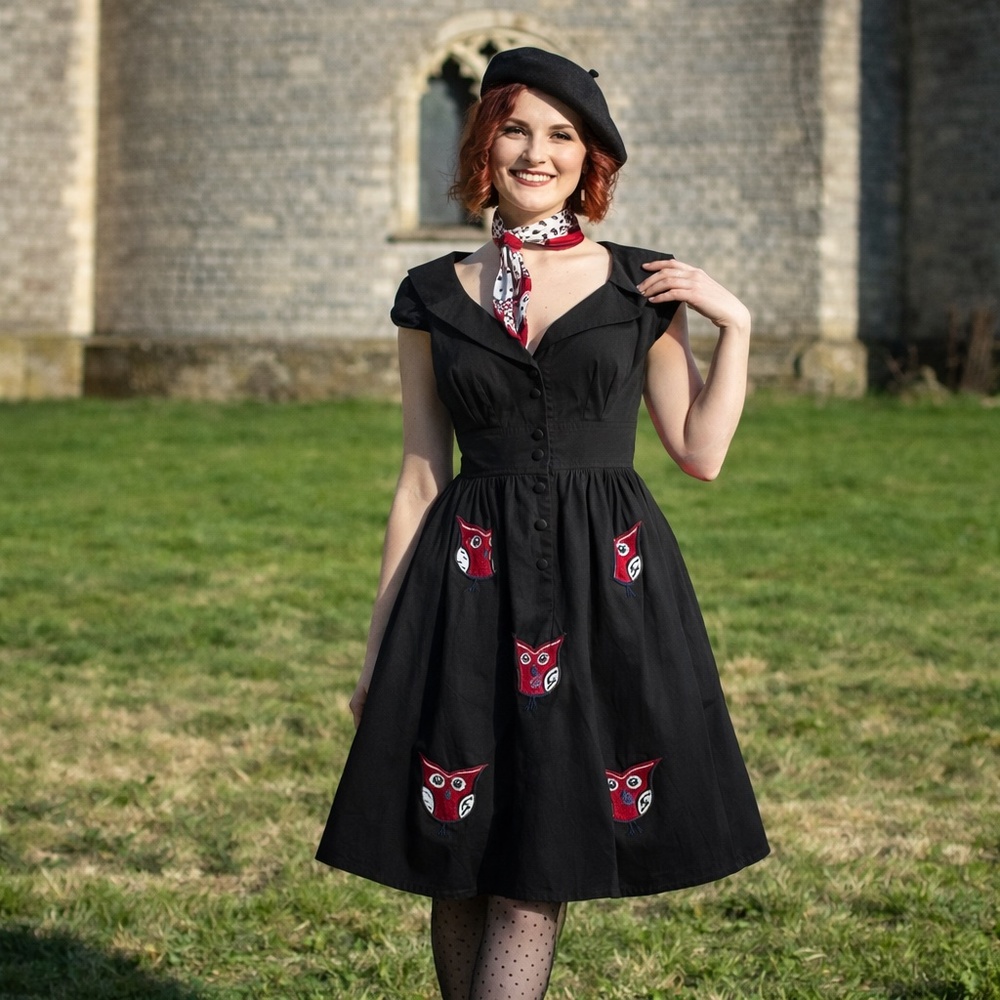 eShakti Owl Print Dress 10 Black Cotton Novelty Retro Rockabilly Pinup Whimsigot